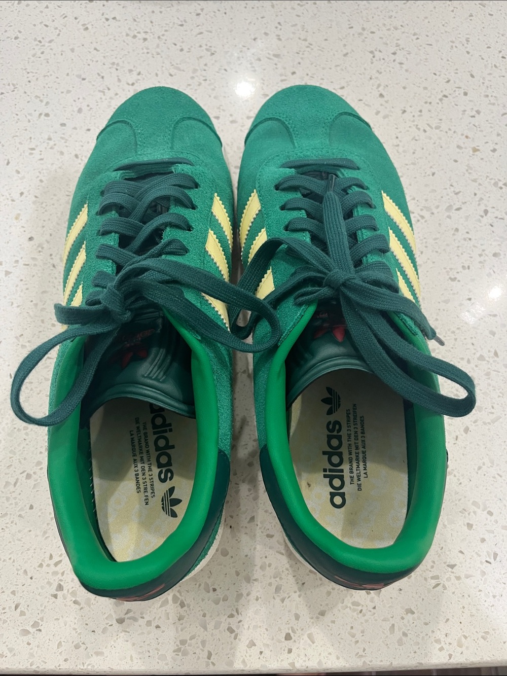 Adidas Gazelle Spikeless Golf Shoes - Green/Almost Yellow stripes.